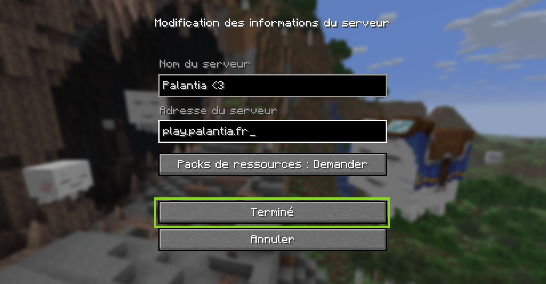 Illustration de l'ajout d'un serveur Minecraft